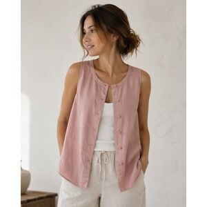 J Jill Linen Tunic Womens M Pink Sleeveless Frog Closure Lagenlook Top